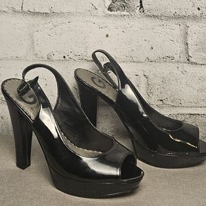 G by Guess Black Patent Platform Slingback Heels 7.5M Peep Toe High Heel